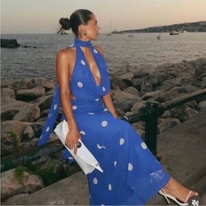Blue Polka Dot Halter Maxi Dress - Unbranded